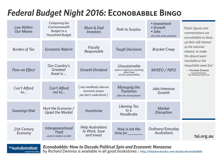 Econobabble bingo sheet