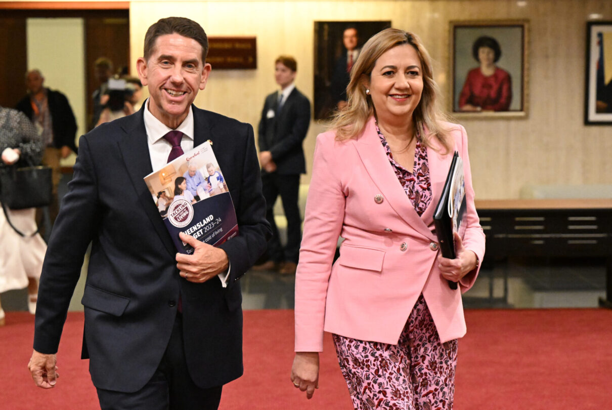 Queensland Treasurer Cameron Dick (left) and Premier Annastacia Palaszczuk (right) are seen after briefing the media inside the budget lock up before the handing down of the 2023-24 Queensland state budget at Queensland Parliament House in Brisbane, Tuesday, June 13, 2023.