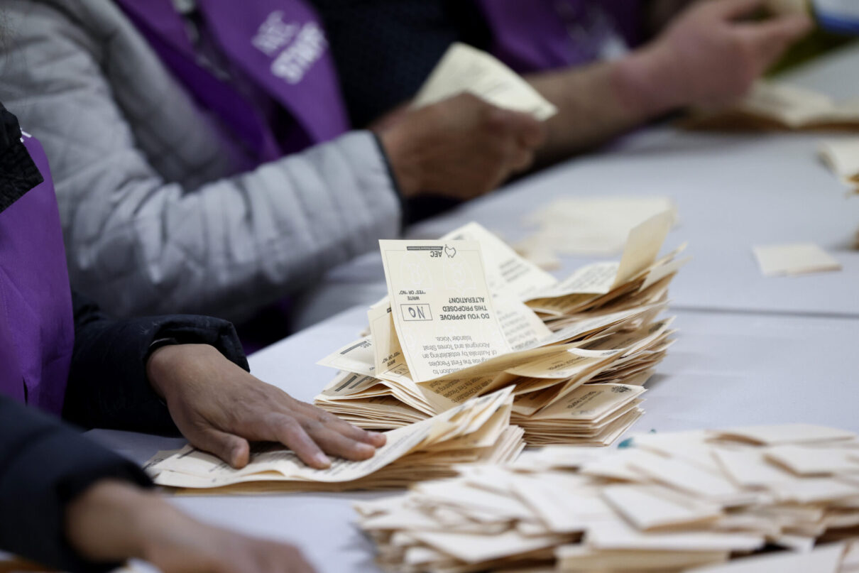 Ballot papers are seen at a counting centre in Melbourne, Saturday, October 14, 2023. Australians will vote in a referendum on October 14 on whether to enshrine an Indigenous voice in the country's constitution.