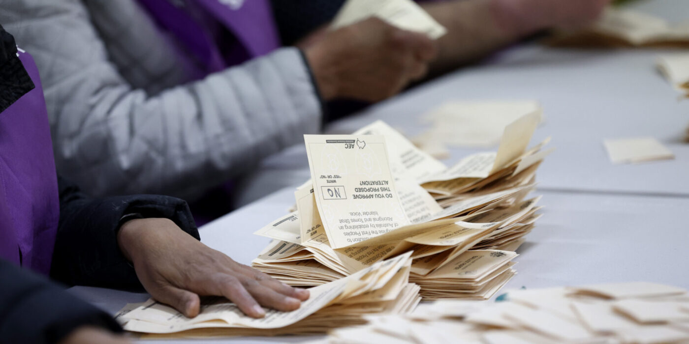 Ballot papers are seen at a counting centre in Melbourne, Saturday, October 14, 2023. Australians will vote in a referendum on October 14 on whether to enshrine an Indigenous voice in the country's constitution.