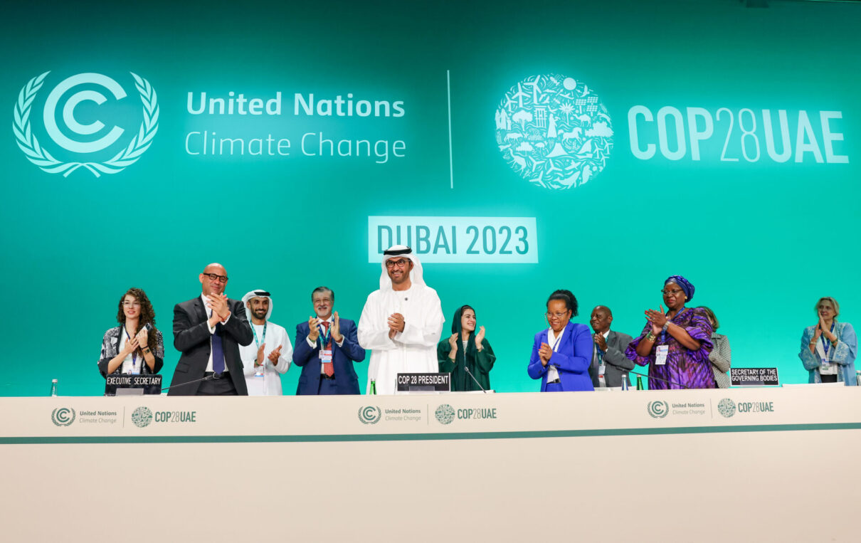 Dr. Sultan Al Jaber, COP28 President (L5), and participants applaud at the UNFCCC Formal Opening of COP28 during the UN Climate Change Conference COP28 at Expo City Dubai on November 30, 2023, in Dubai, United Arab Emirates.