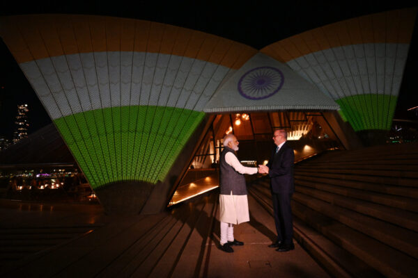 India’s Prime Minister Narendra Modi and Australian Prime Minister Anthony Albanese are photographed in front of the sails of the Sydney Opera House illuminated in the colours of the Indian flag in Sydney, Wednesday, May 24, 2023. Indian Prime Minister Narendra Modi is in Sydney for a state visit. 