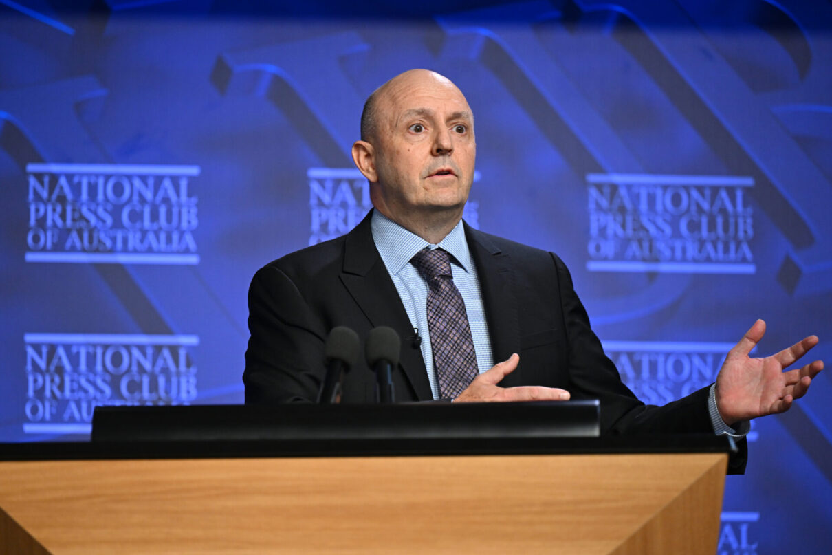 The Australia Institute Executive Director Richard Denniss addresses the National Press Club in Canberra, Wednesday, January 31, 2024. (AAP Image/Lukas Coch) NO ARCHIVING