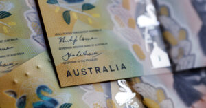 Australian fifty dollar bill. The new issue is designed to deter counterfeiting, the note is polymer and water resistant with a clear holographic strip.