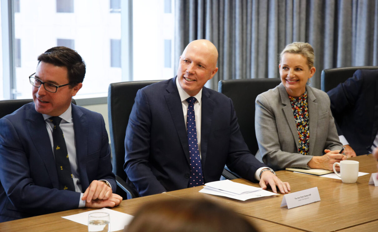 Opposition leader Peter Dutton (centre) is flanked by Nationals leader David Littleproud and Liberal deputy leader Sussan Ley during a shadow cabinet meeting in Perth, Wednesday, June 15, 2022. (AAP Image/Trevor Collens)