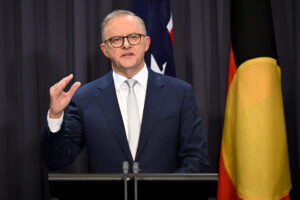 Australian Prime Minister Anthony Albanese speaks during a press conference at Parliament House in Canberra, Tuesday, February 27, 2024. (AAP Image/Lukas Coch)