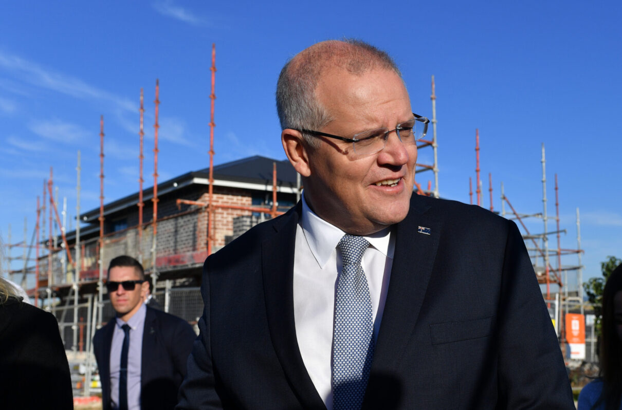 Prime Minister Scott Morrison at a housing construction site at Orchard Hills in Sydney, Monday, May 13, 2019. (AAP Image/Mick Tsikas) NO ARCHIVING