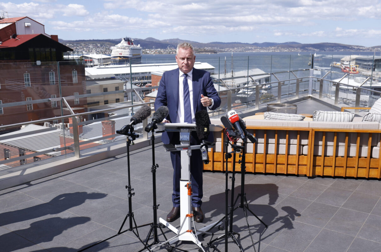 Tasmanian Premier Jeremy Rockliff speaks to media in Hobart, Wednesday, February 14, 2024. Tasmania's minority Liberal premier visited the state's governor to request an early election, more than a year ahead of schedule. (AAP Image/Rob Blakers) NO ARCHIVING