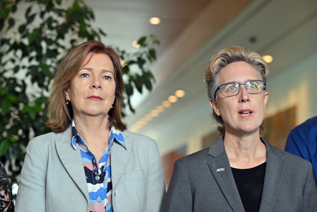 Australian Council of Trade Unions (ACTU) President Michele O'Neil and Secretary Sally McManus at a press conference at Parliament House in Canberra, Thursday, December 7, 2023