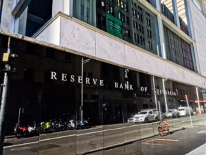 Sydney, Australia - May 27, 2021: Reserve Bank of Australia name on black granite wall in Sydney Australia