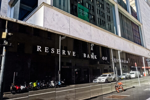 Sydney, Australia - May 27, 2021: Reserve Bank of Australia name on black granite wall in Sydney Australia
