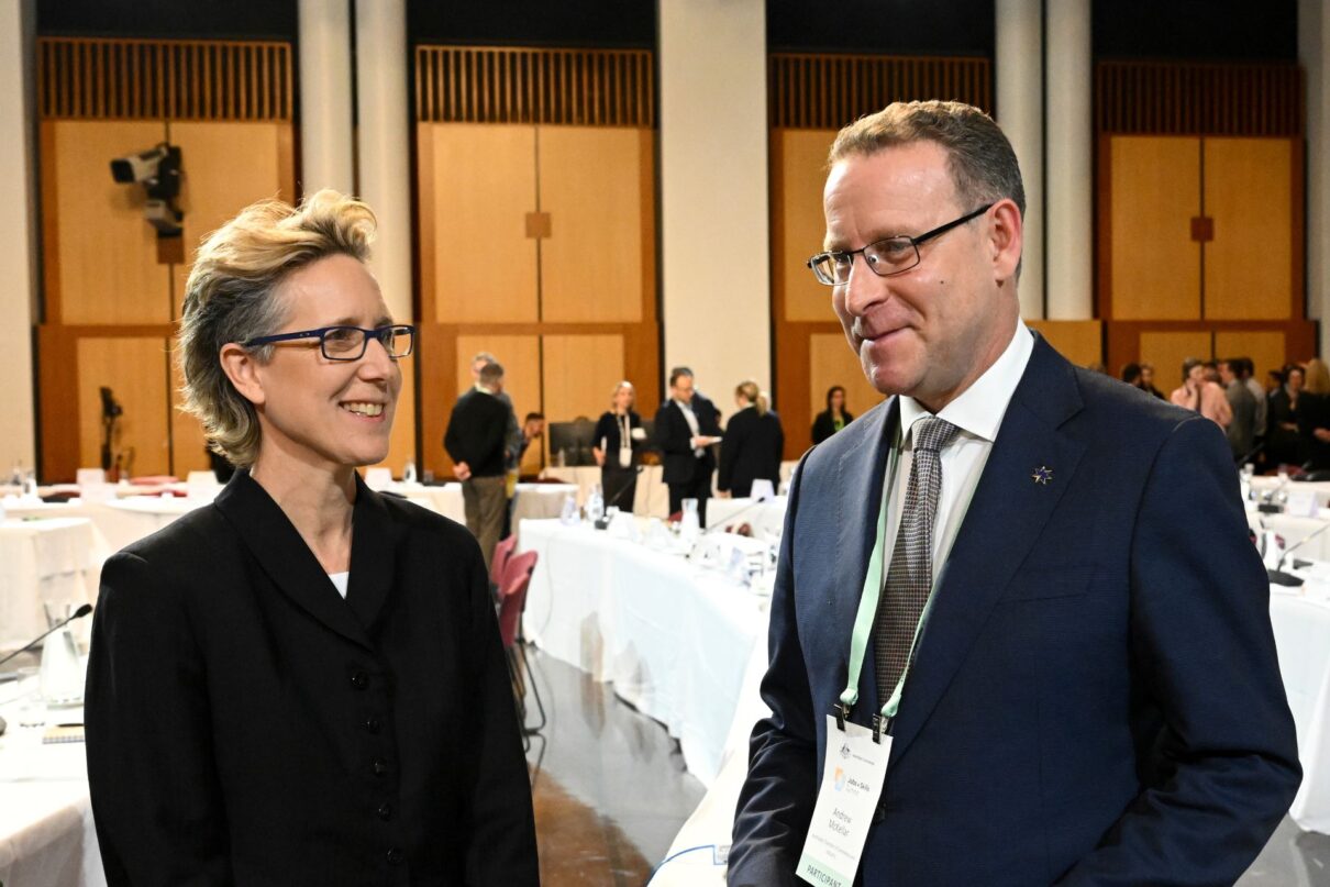Australian Chamber of Commerce and Industry (ACCI) CEO Andrew McKellar (right) and ACTU Secretary Sally McManus attend the Jobs and Skills Summit at Parliament House in Canberra, Thursday, September 1, 2022