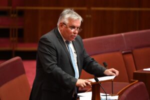 Independent Senator Rex Patrick speaks on his Forced Labour Bill in the Senate chamber in Canberra, Monday, August 23, 2021