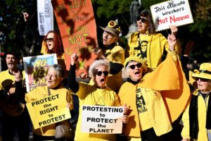 The knitting nannas assemble outside the Supreme Court of NSW in Sydney, Wednesday, May 10, 2023. Self-described "knitting nannas" Helen Kvelde and Dominique Jacobs are challenging NSW protest laws, with the backing of the Environmental Defenders Office (EDO)