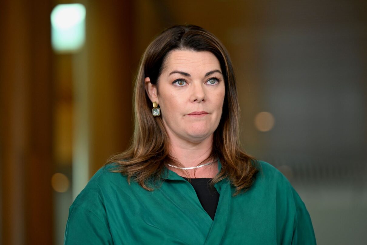 Australian Greens Senator Sarah Hanson-Young speaks to the media during a press conference at Parliament House in Canberra, Monday, April 22, 2024.