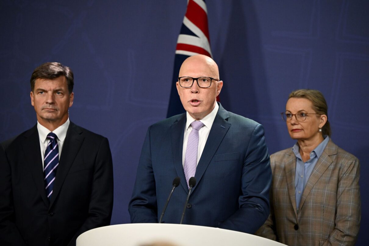 (L-R) Shadow Treasurer Angus Taylor, Opposition Leader Peter Dutton, and Deputy Leader of the Opposition Sussan Ley unveil details of proposed nuclear energy plan during a press conference at the Commonwealth Parliamentary Offices in Sydney, Wednesday, June 19, 2024.