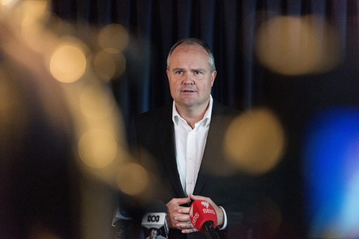 Shadow Minister for Climate Change and Energy Ted O’Brien speaks to media during a press conference in Sydney, Friday, June 21, 2024.