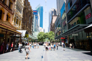 Sydney, Australia - Feb 8, 2015: Pitt St Mall in the middle of a busy day in Sydney CBD on February 8th, 2015.
