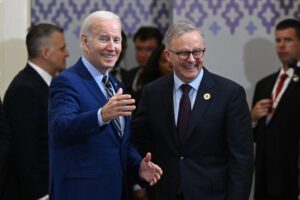 United States President Joe Biden and Australia’s Prime Minister Anthony Albanese after a bilateral meeting during the The Association of Southeast Asian Nations ASEAN Summit in Phnom Penh in Cambodia, Sunday, November 13, 2022.