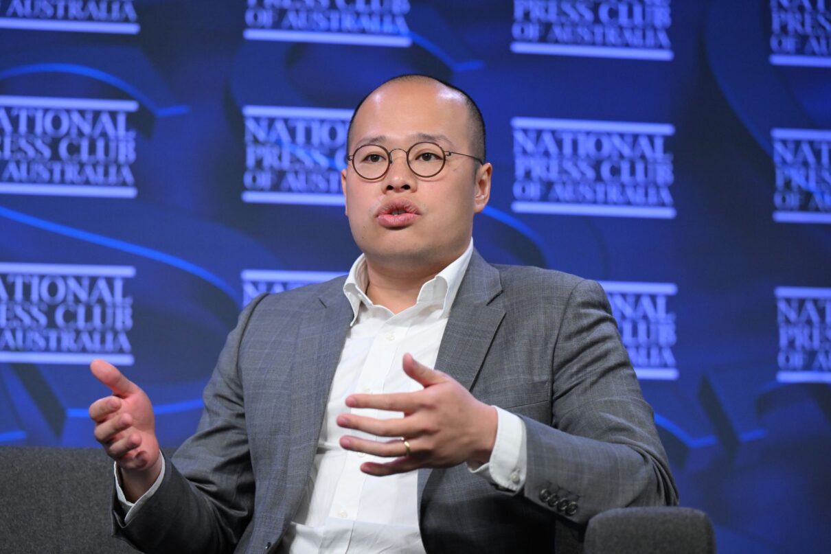 Son of Apple Daily founder Jimmy Lai, Sebastien Lai speaks at the National Press Club in Canberra, Monday, July 1, 2024.