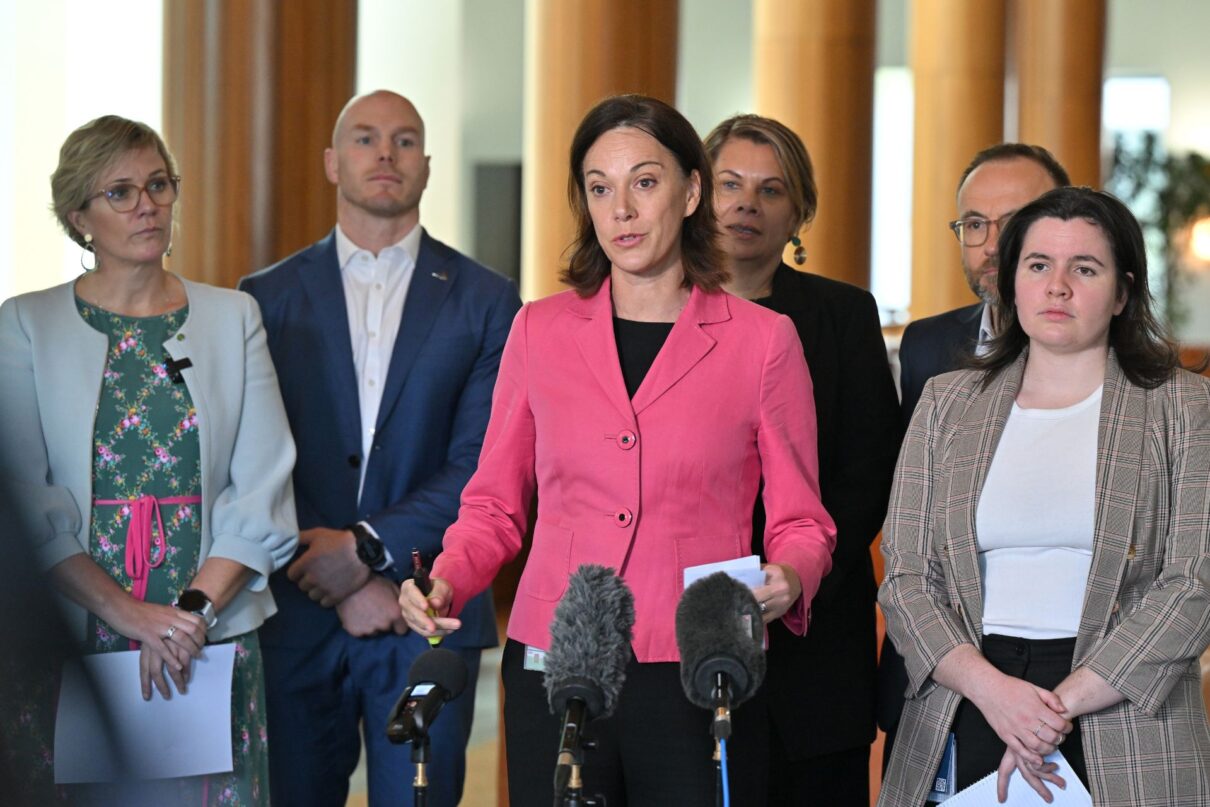 Independent member for Mackellar Sophie Scamps and other crossbenchers at a press conference at Parliament House in Canberra, Monday, March 25, 2024.