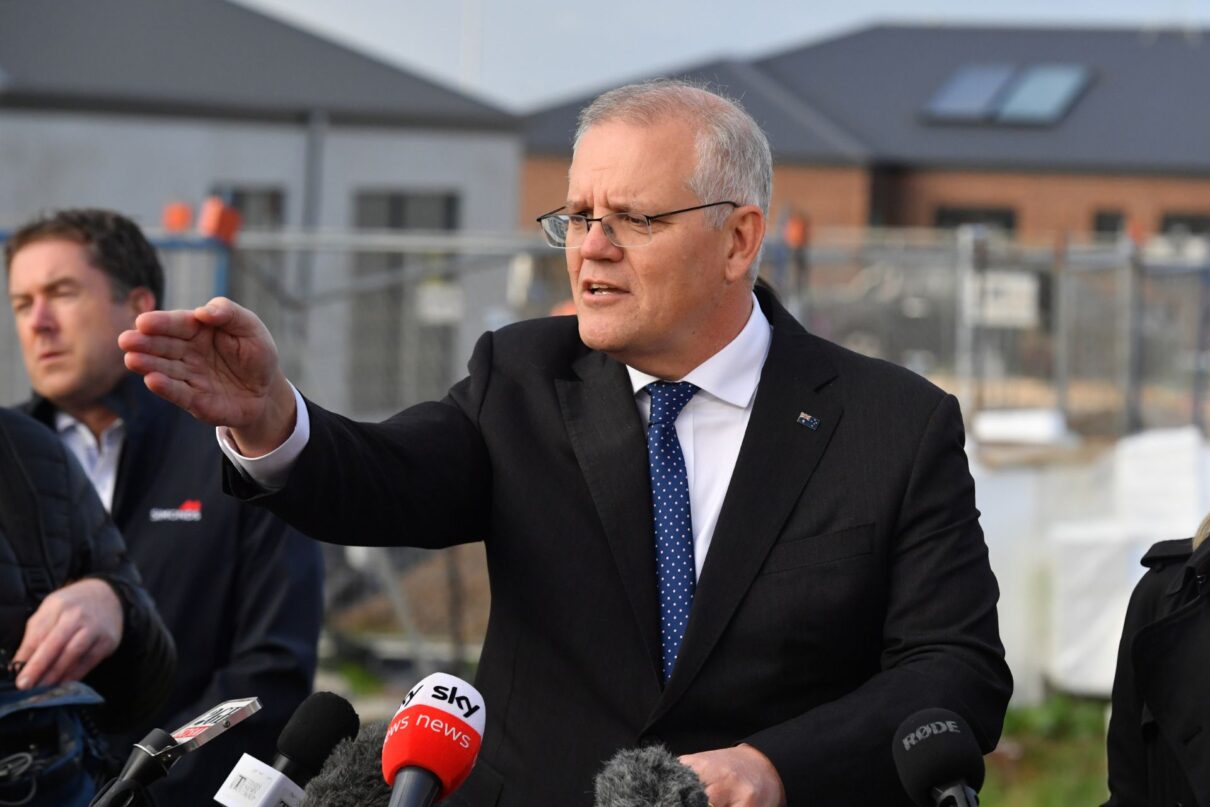 Prime Minister Scott Morrison at a press conference at Armstrong Creek housing development on Day 38 of the 2022 federal election campaign, near Geelong, in the seat of Corangamite. Wednesday, May 18, 2022.