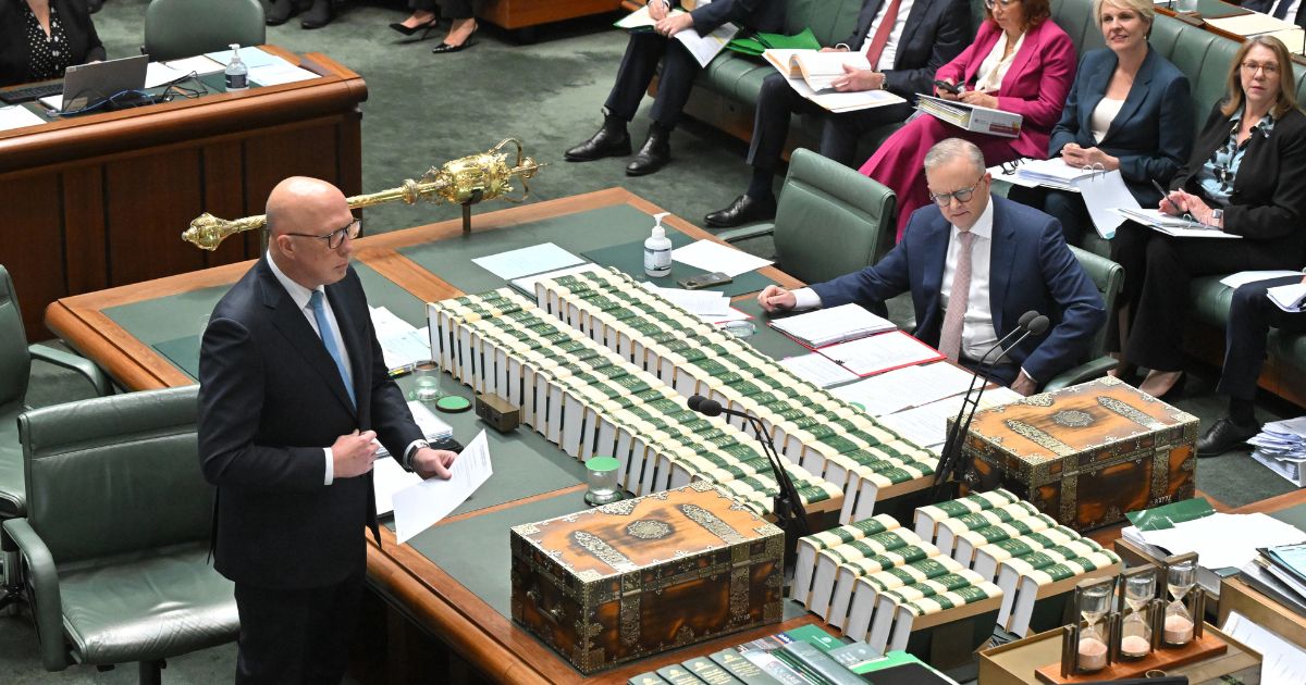 Leader of the Opposition Peter Dutton and Prime Minister Anthony Albanese during Question Time in the House of Representatives at Parliament House in Canberra, Tuesday, October 8, 2024.