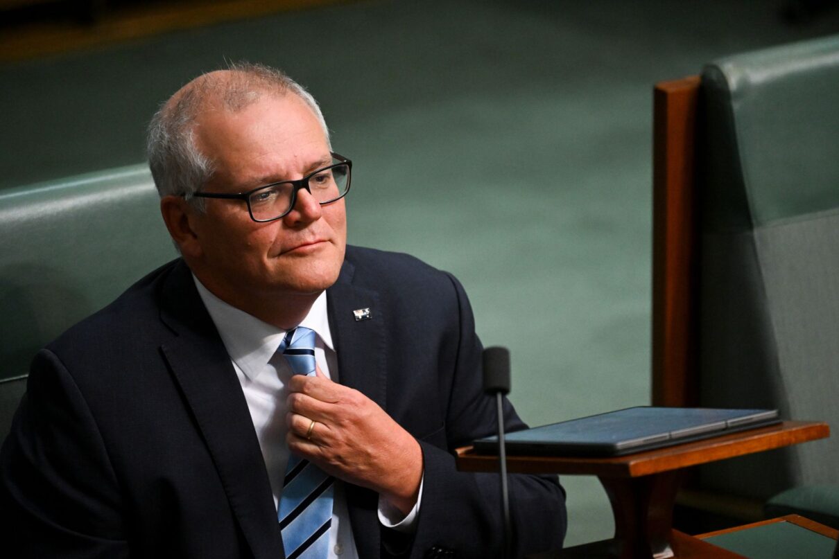 Former Australian Prime Minister Scott Morrison reacts during a censure motion moved against him by the Leader of the House Tony Burke in the House of Representatives at Parliament House in Canberra, Wednesday, November 30, 2022.