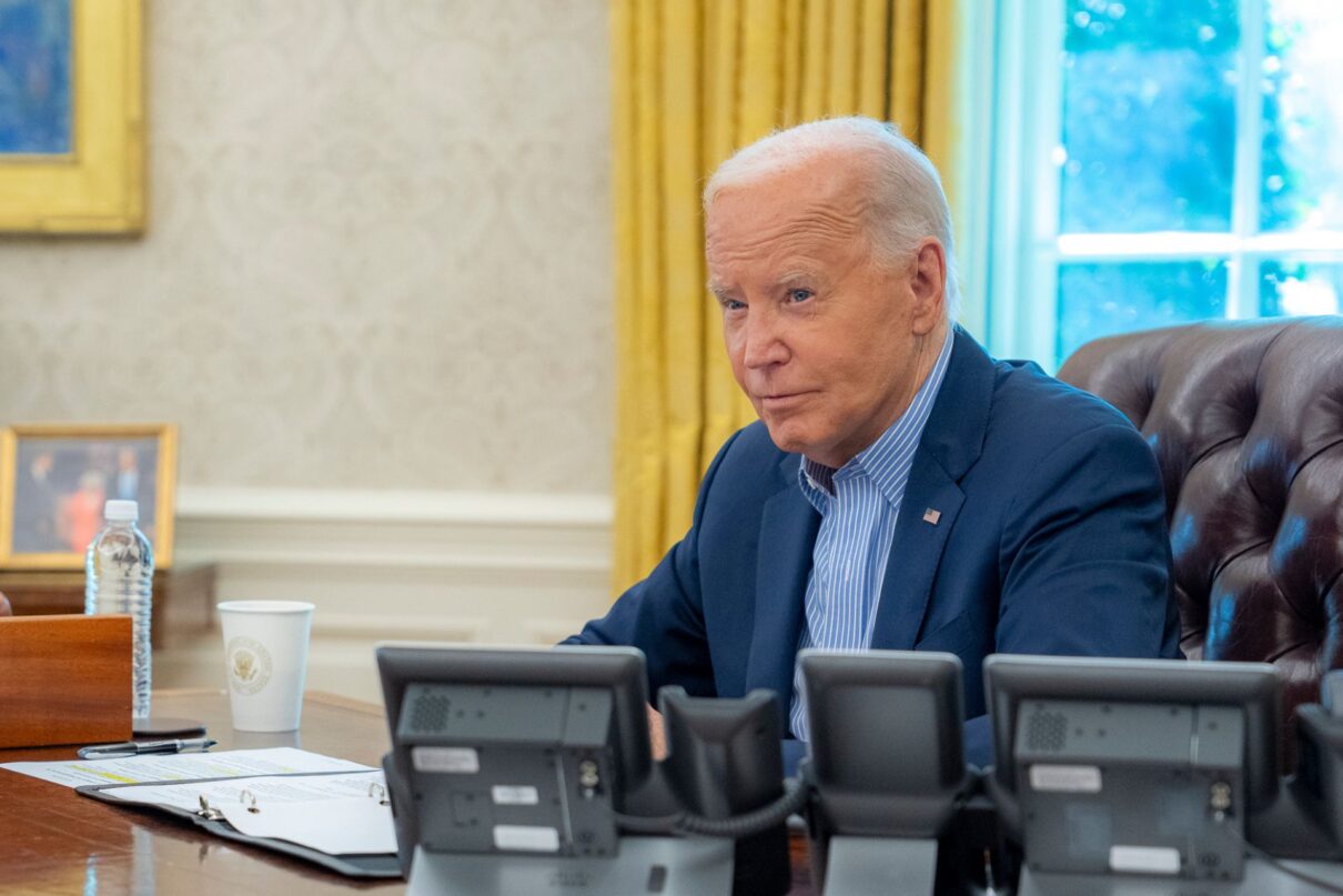 President Joe Biden speaks on the phone with Israeli Prime Minister Benjamin Netanyahu, Thursday, July 4, 2024, in the Oval Office.