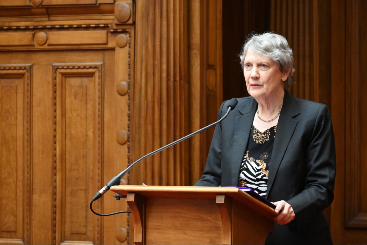 Former New Zealand prime minister Helen Clark during a policy panel opposing military pact AUKUS at Parliament House in Wellington, New Zealand, Thursday, April 18, 2024.