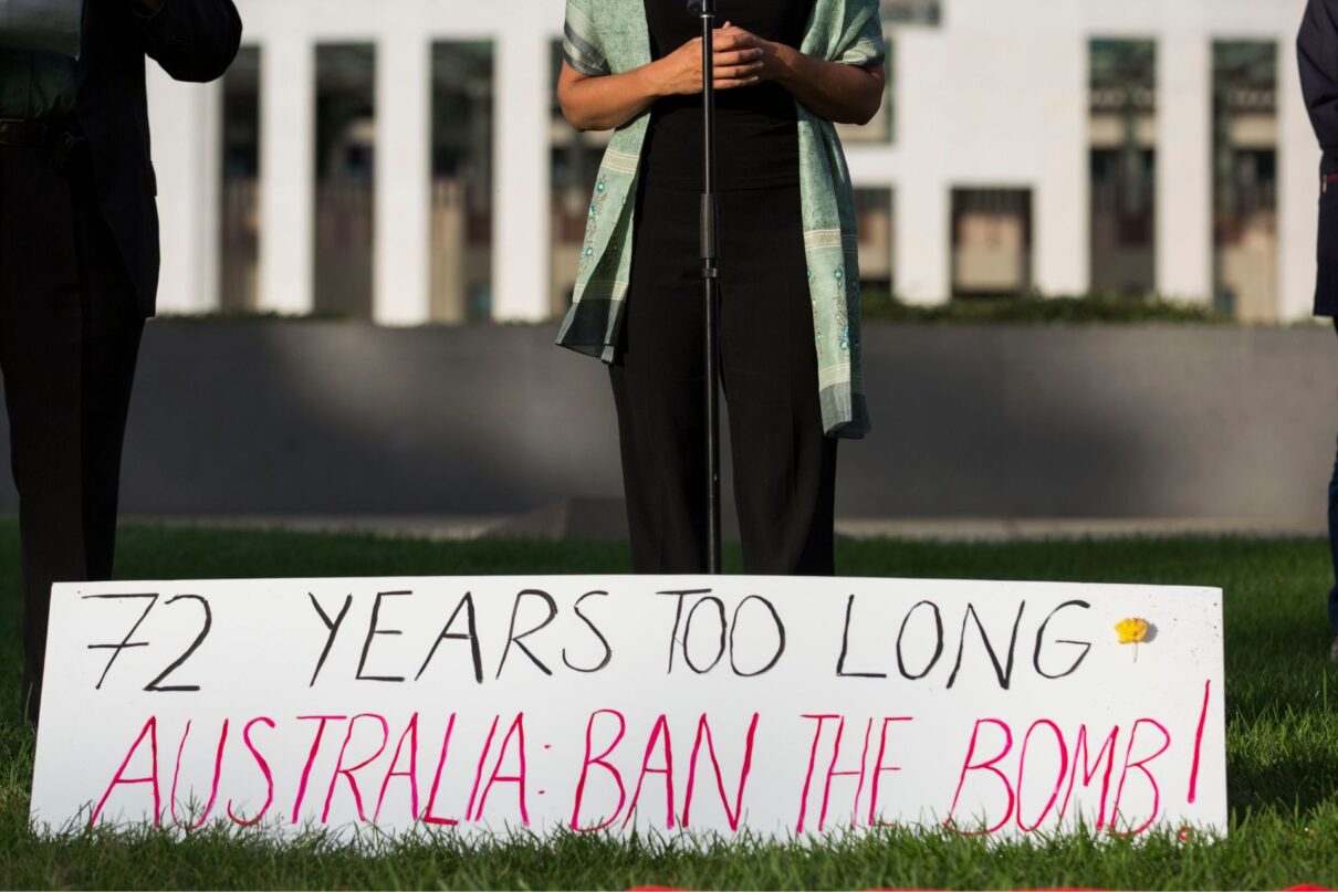 Labor Senator Lisa Singh (centre) speaks during a protest condemning Australia's absence at current nuclear weapons treaty negotiations in New York outside Parliament House in Canberra, Tuesday, March 28, 2017.