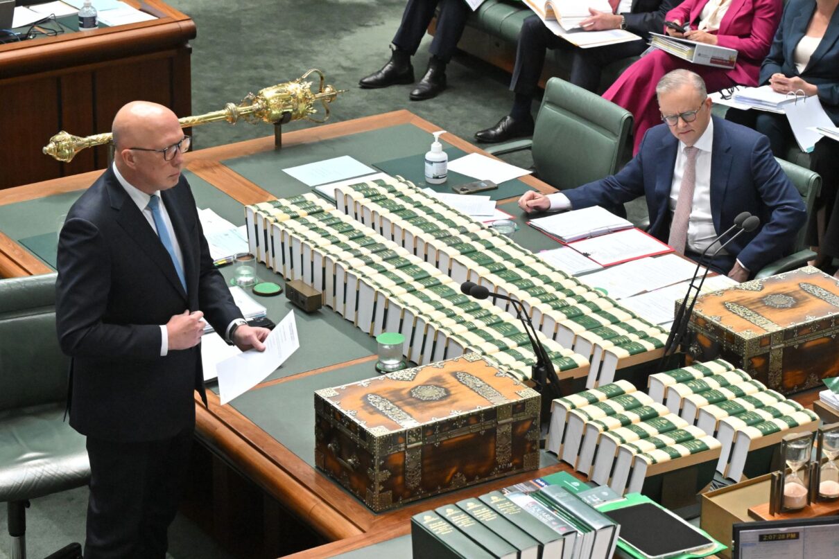 Leader of the Opposition Peter Dutton and Prime Minister Anthony Albanese during Question Time in the House of Representatives at Parliament House in Canberra, Tuesday, October 8, 2024.