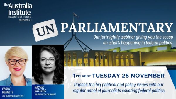 Unparliamentary with Rachel Withers. 1pm AEDT, Tuesday 26 November. Presented by the Australia Institute.