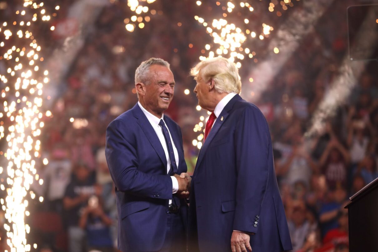 Robert F. Kennedy, Jr. and former President of the United States Donald Trump speaking with attendees at an Arizona for Trump rally at Desert Diamond Arena in Glendale, Arizona.