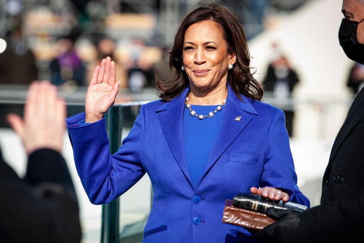 U.S. Vice President Kamala Harris takes the Oath of Office on the platform of the U.S. Capitol during the 59th Presidential Inauguration in Washington D.C., Jan. 20, 2021. Military personnel assigned to Joint Task Force - National Capital Region provided military ceremonial support. Photo credit: DoD photo by U.S. Air Force Senior Airman Kevin Tanenbaum