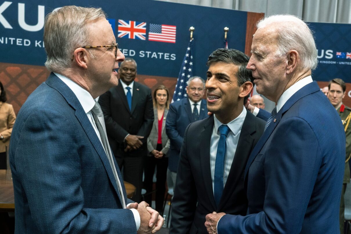 President Joe Biden greets British Prime Minister Rishi Surnak and Australian Prime Minister Anthony Albanese the AUKUS bilateral meeting in San Diego, Calif, March 13, 2023. (DoD photo by Chad J. McNeeley)