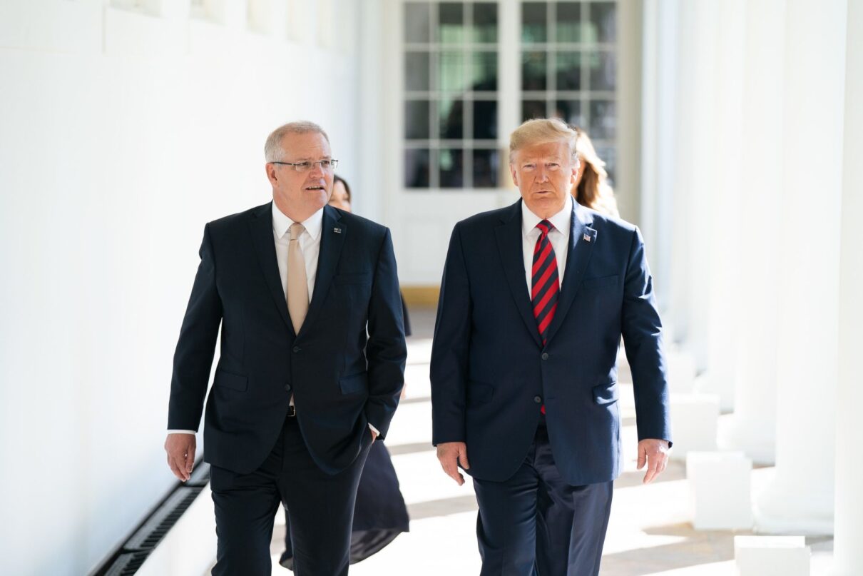 President Donald J. Trump and First Lady Melania Trump walk with Australian Prime Minister Scott Morrison and his wife Mrs. Jenny Morrison Friday, Sept. 20, 2019, along the Colonnade of the White House. (Official White House Photo by Shealah Craighead)