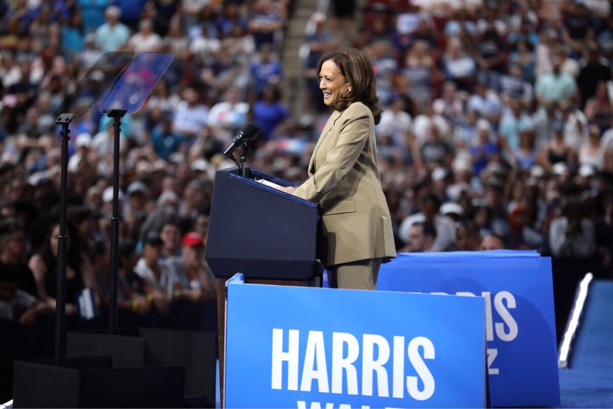 Vice President of the United States Kamala Harris speaking at a campaign rally at Desert Diamond Arena in Glendale, Arizona.