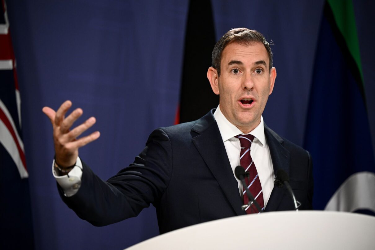 Federal Treasurer Jim Chalmers speaks to media during a press conference at the Commonwealth Parliamentary Offices (CPO) in Sydney, Wednesday, December 4, 2024.