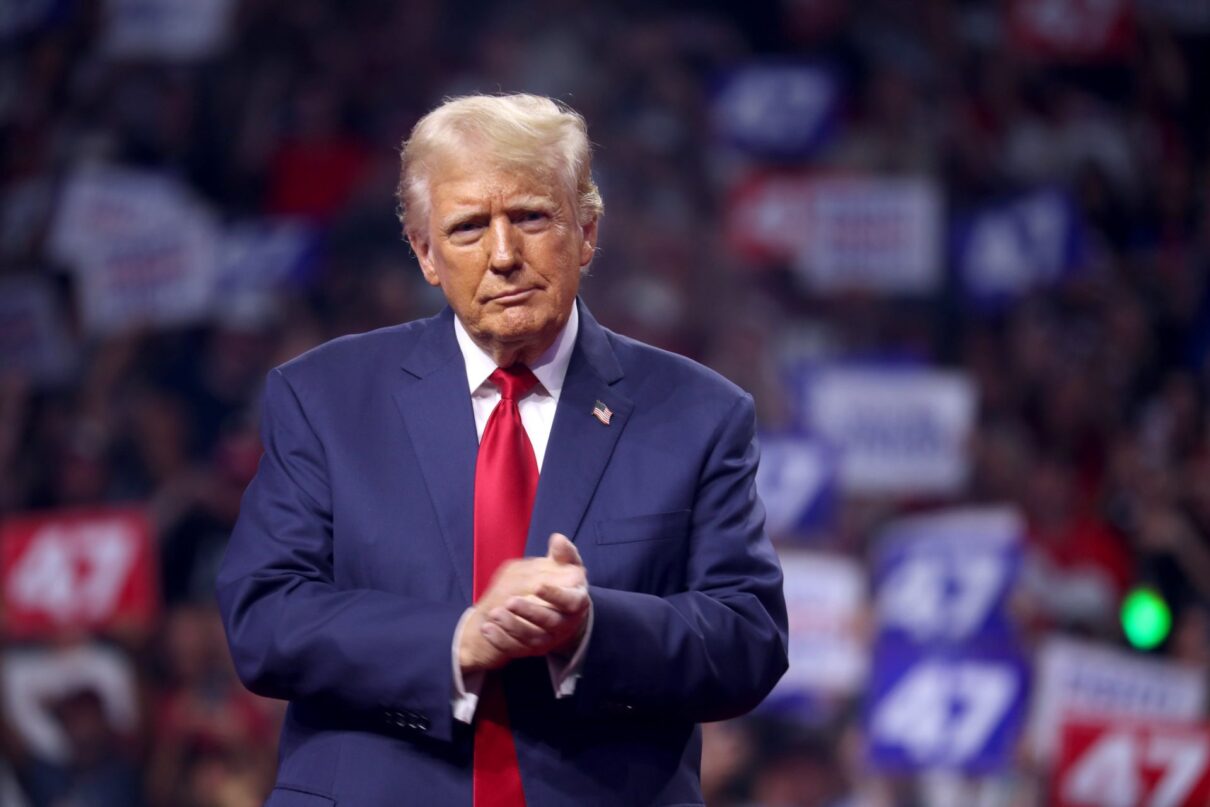 Former President of the United States Donald Trump speaking with attendees at an Arizona for Trump rally at Desert Diamond Arena in Glendale, Arizona.