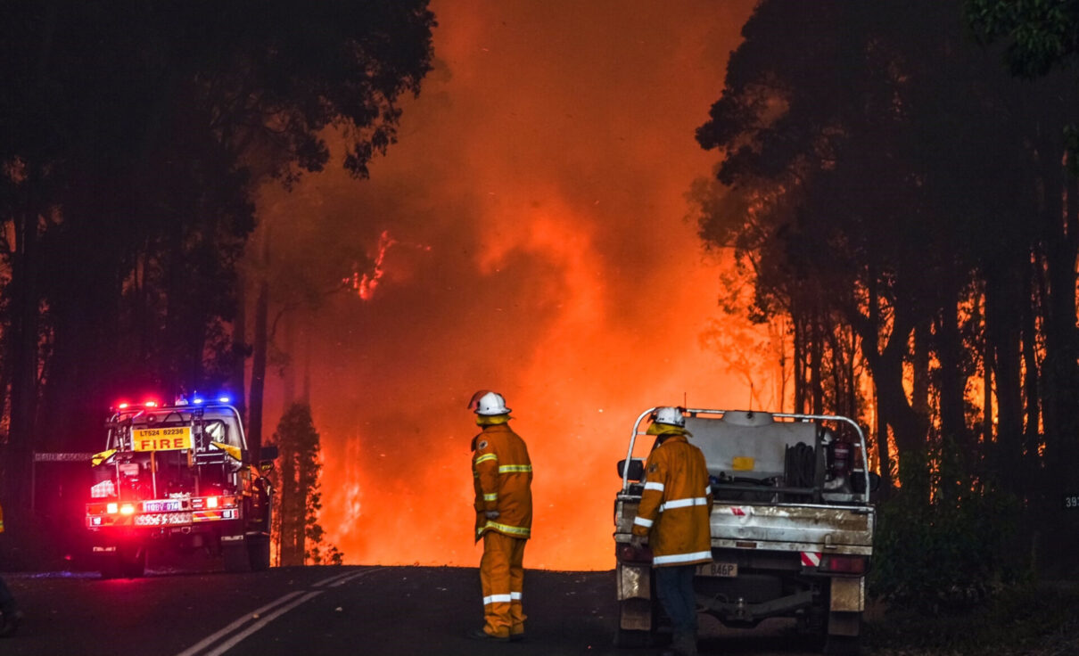 A supplied image obtained on Sunday, February 6, 2022, of Fire fighters in Western Australia battling a blaze at Bridgetown, WA. Bushfire continues to threaten the small railway town of Hester in Western Australia's southwest as multiple fires rage across