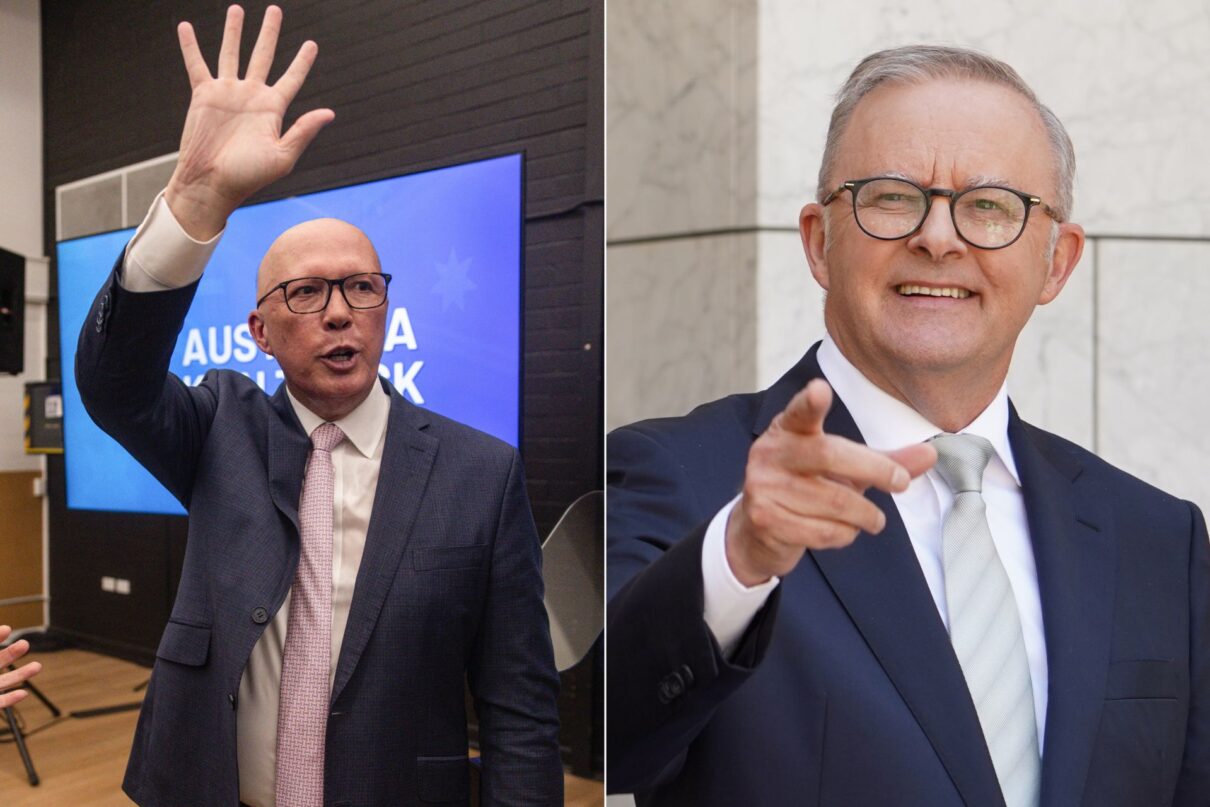 A diptych created on Tuesday, January 14, 2025, shows (left) Leader of the Opposition Peter Dutton during a Liberal Party campaign rally in the seat of Chisholm, Melbourne, Sunday, January 12, 2025, and (right) Prime Minister Anthony Albanese during a press conference to announce a National Broadband Network funding boost at Parliament House in Canberra, Monday, January 13, 2025.