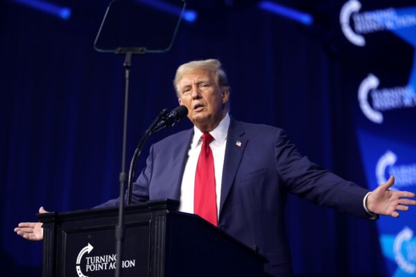 Former President of the United States Donald Trump speaking with attendees at The People's Convention at Huntington Place in Detroit, Michigan.