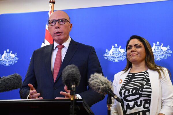 Opposition Leader Peter Dutton and Shadow Minister for Indigenous Australians Senator Jacinta Price address the media during a press conference in Brisbane, Saturday, October 14, 2023. Australians today voted against an Indigenous voice in the country's constitution.