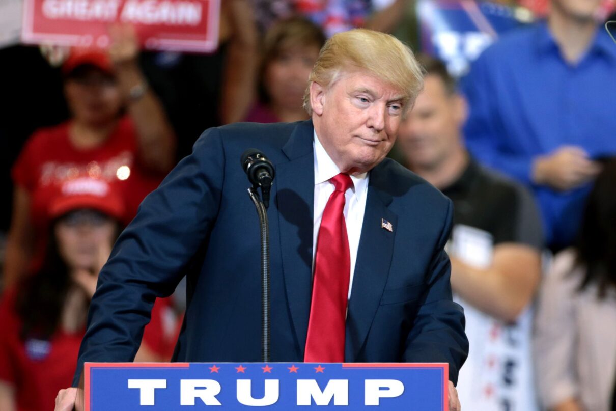 Donald Trump speaking with supporters at a campaign rally at the Phoenix Convention Center in Phoenix, Arizona.