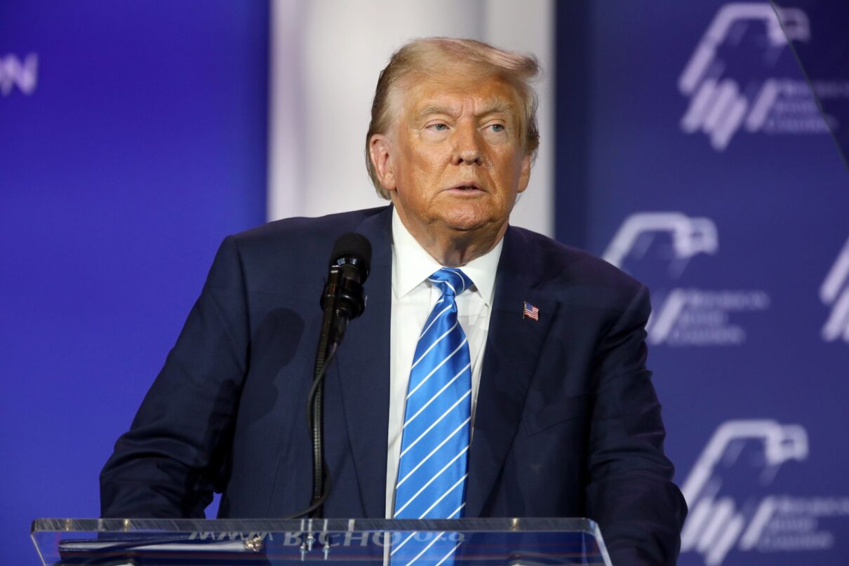 Former President of the United States Donald Trump speaking with attendees at the Republican Jewish Coalition's 2023 Annual Leadership Summit at the Venetian Convention & Expo Center in Las Vegas, Nevada.