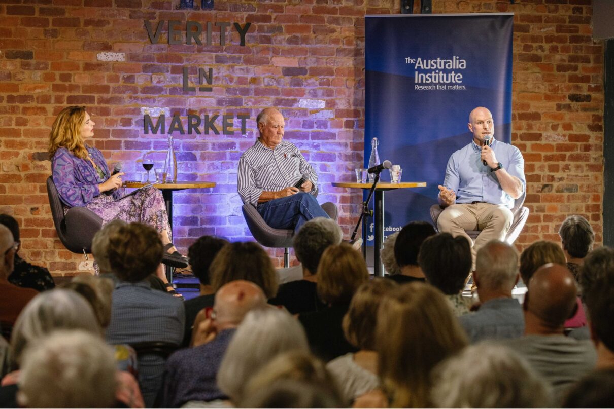 Amy Remeikis, Tony Windsor and David Pocock on stage at Politics in the Pub