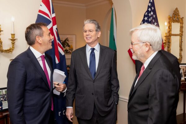 A supplied image obtained on Wednesday, February 26, 2025, shows Australian Treasurer Jim Chalmers, United States Secretary of the Treasury Scott Bessent and Ambassador of Australia to the United States Kevin Rudd at the Australian Embassy in Washington DC, USA, Monday, February 25, 2025.