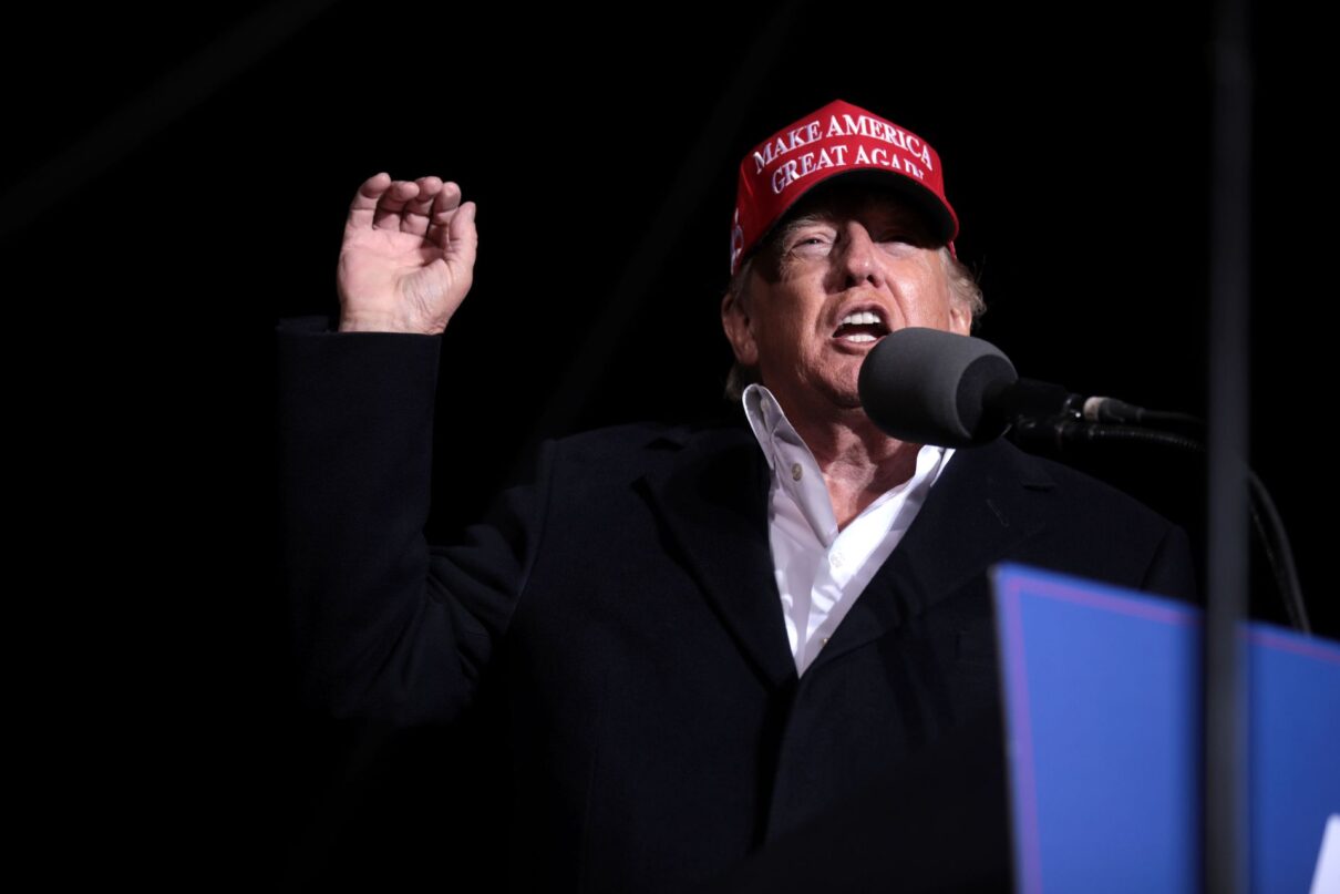 Former President of the United States Donald Trump speaking with supporters at a "Save America" rally at Country Thunder Arizona in Florence, Arizona.