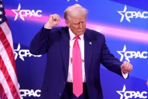 President of the United States Donald Trump speaking at the 2025 Conservative Political Action Conference (CPAC) at the Gaylord National Resort & Convention Center in National Harbor, Maryland.